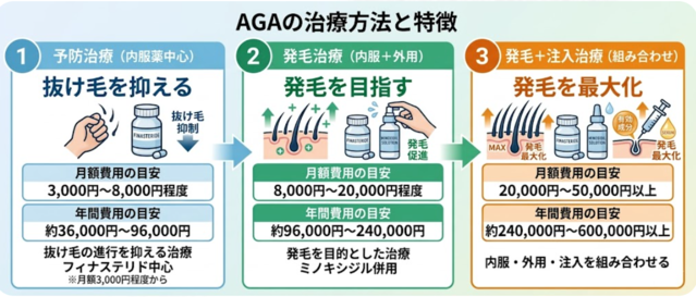 aga,横浜,おすすめ_AGA治療方法の特徴‗内容と金額の目安・年額