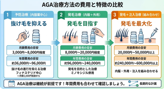 aga,神田,おすすめ_AGA治療方法の特徴‗予防・発毛・複合‗料金の違い