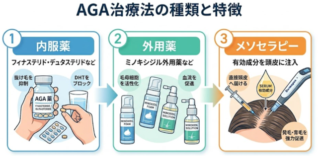 AGA治療法の種類＿内服・外用・メソセラピー