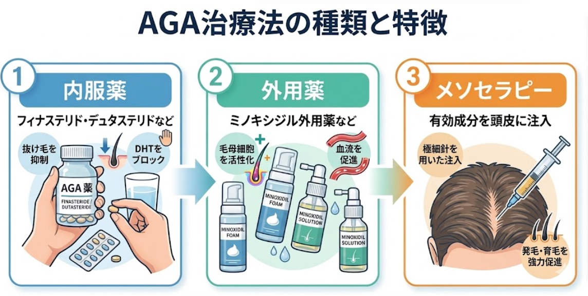 AGA治療法の種類_内服・外用・メソセラピー