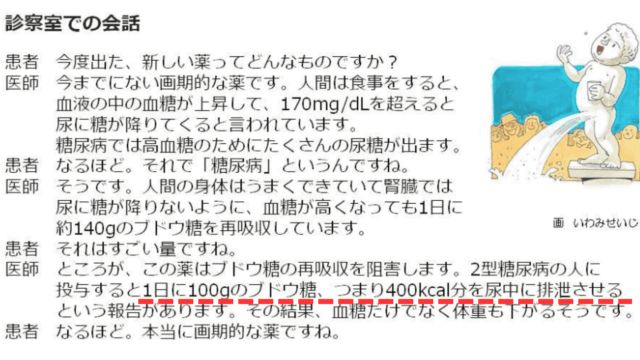 フォシーガ ダイエット「1日あたり約400kcalのエネルギーを尿として排出する」