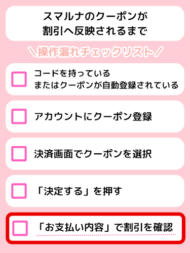 スマルナのクーポン登録済みでも使えないときのチェックポイント
