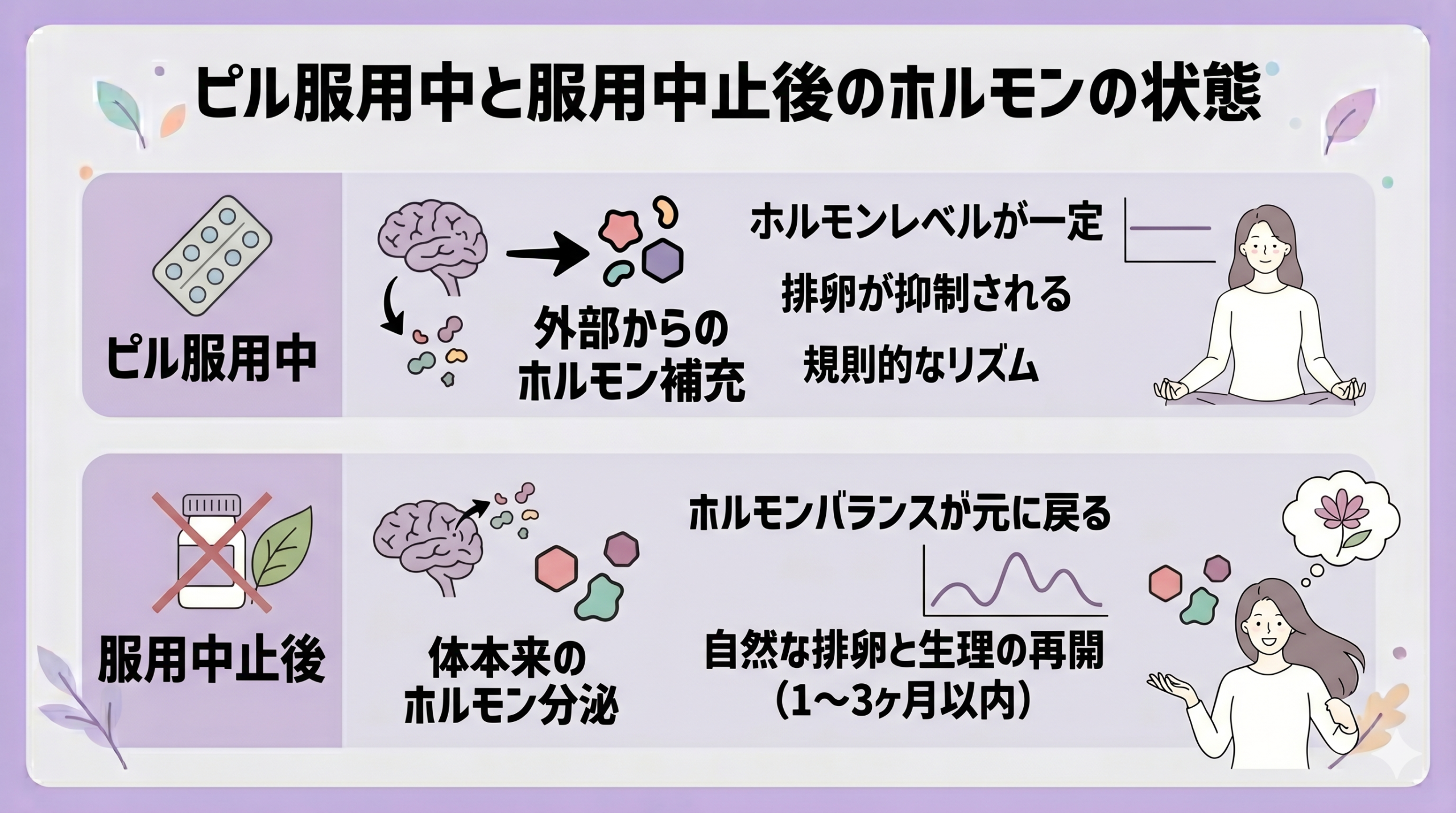 ピル服用中と服用中止後のホルモンの状態