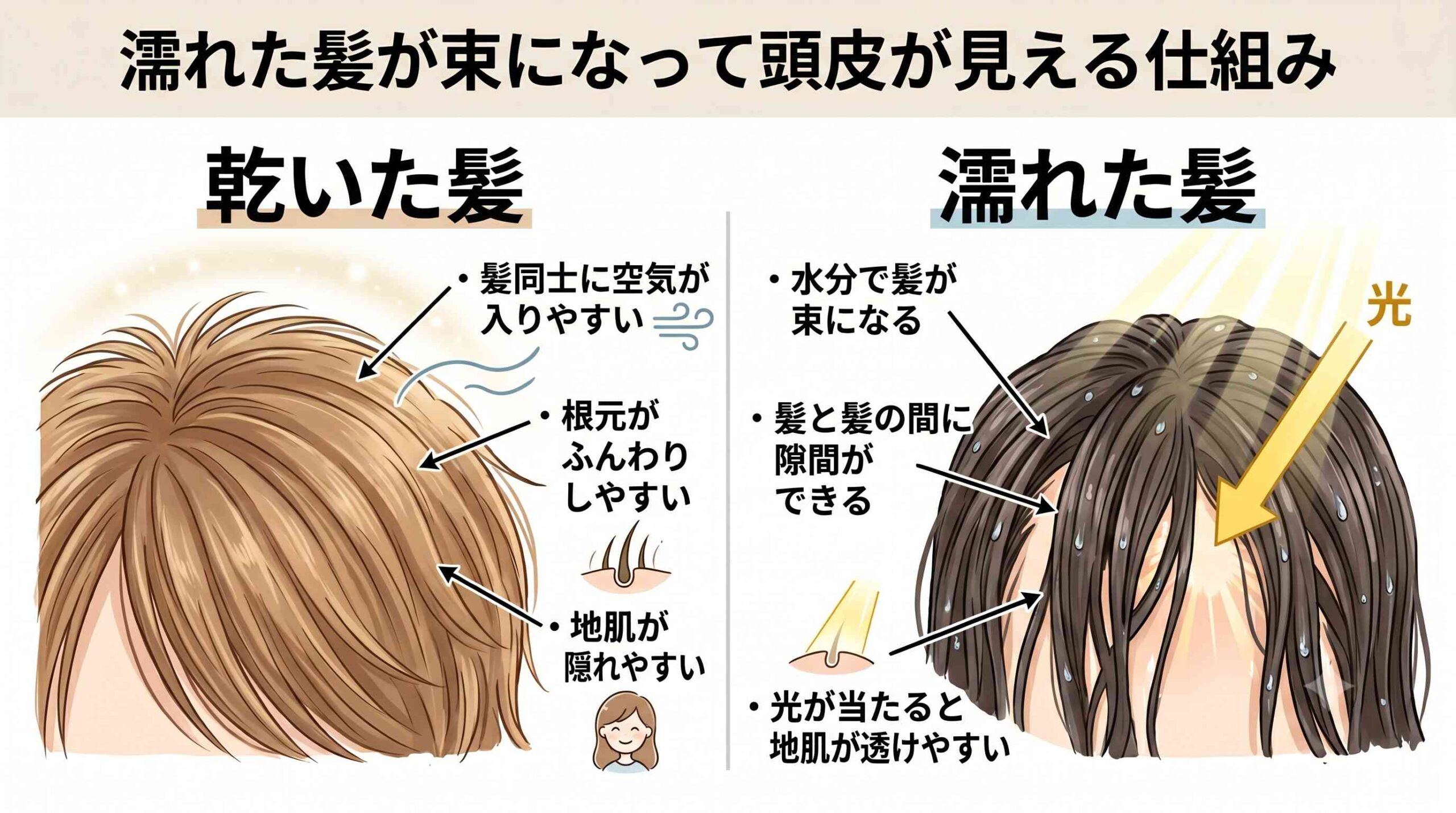 濡れた髪が束になって頭皮が見える仕組み