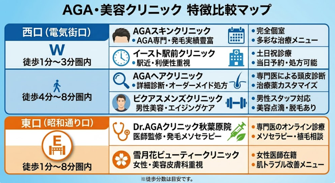 秋葉原駅‗西口・東口‗特徴比較マップ